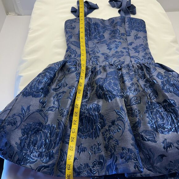 Alice Olivia Mini Midnight Blue Fit & Flare Metallic Look Velvet Bow Straps SZ 0 - Picture 7 of 9